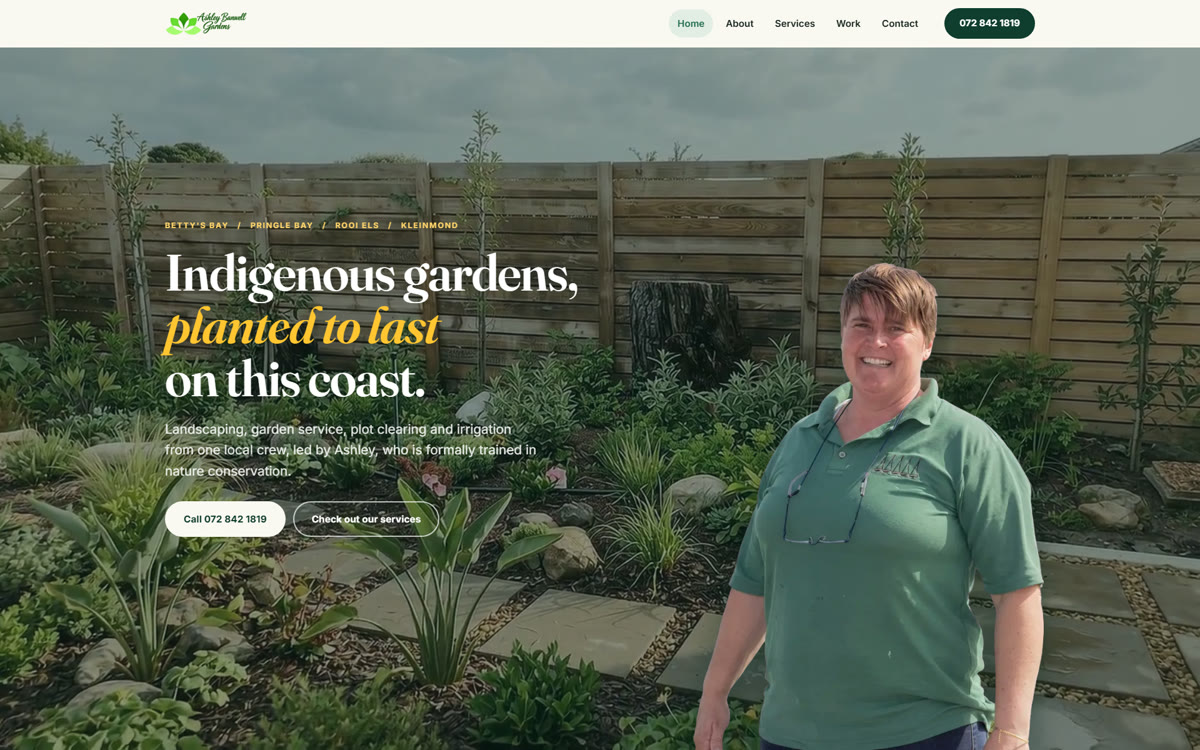The Ashley Banwell Gardens home page on a desktop screen, with the headline, the four towns, a WhatsApp button and Ashley standing in front of a stone path
