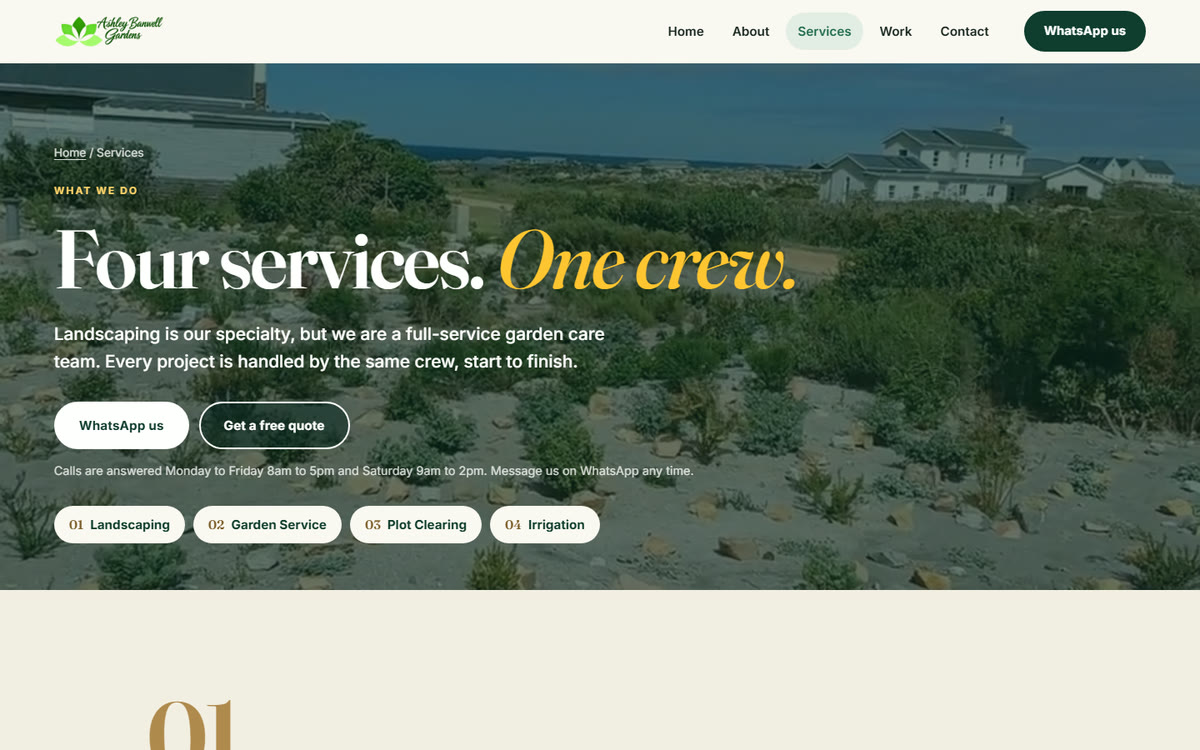 The Ashley Banwell Gardens services page, titled Four services, one crew