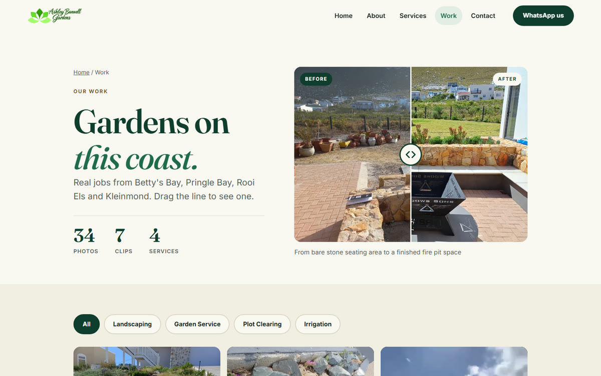 The Ashley Banwell Gardens work page, with a before and after slider of a stone seating area