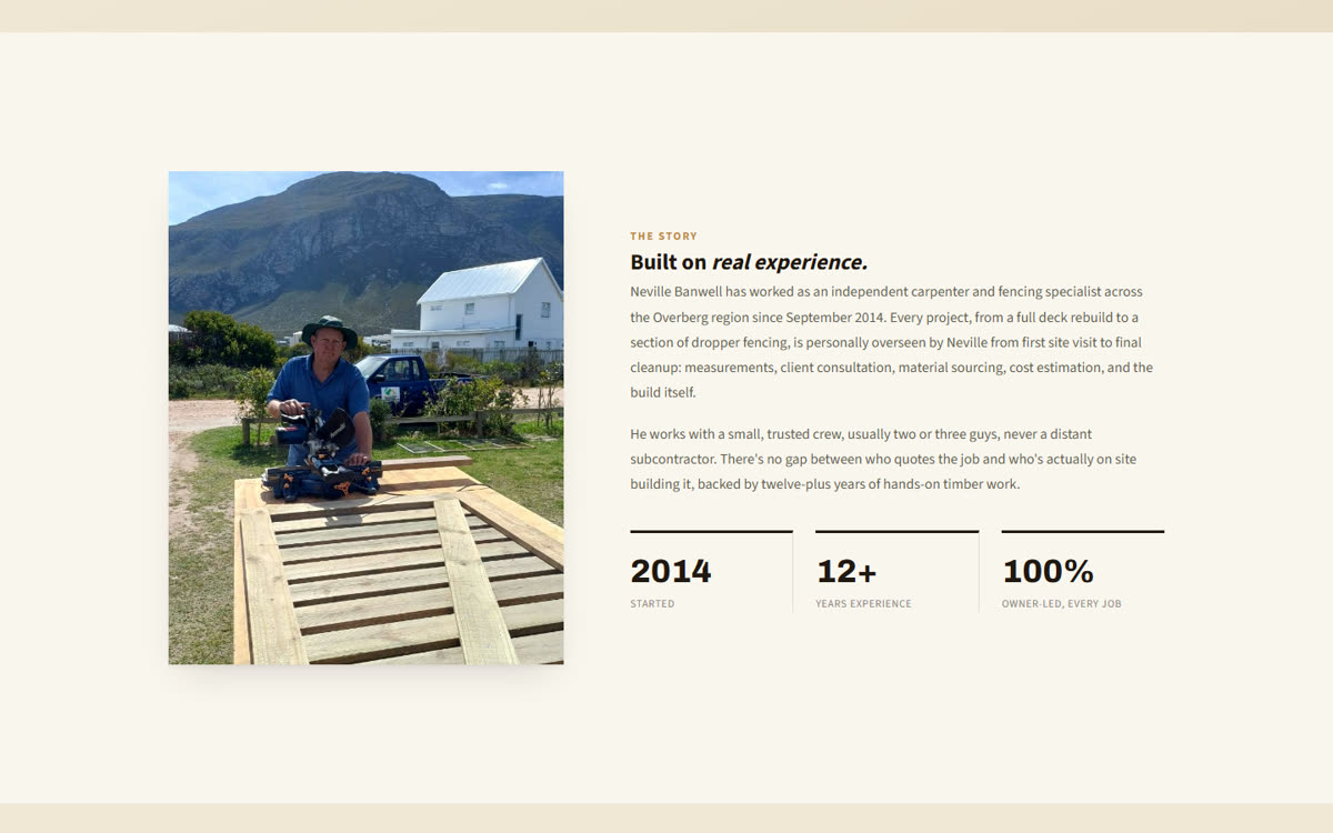 The Banwell Homes about page with Neville's photo and his story