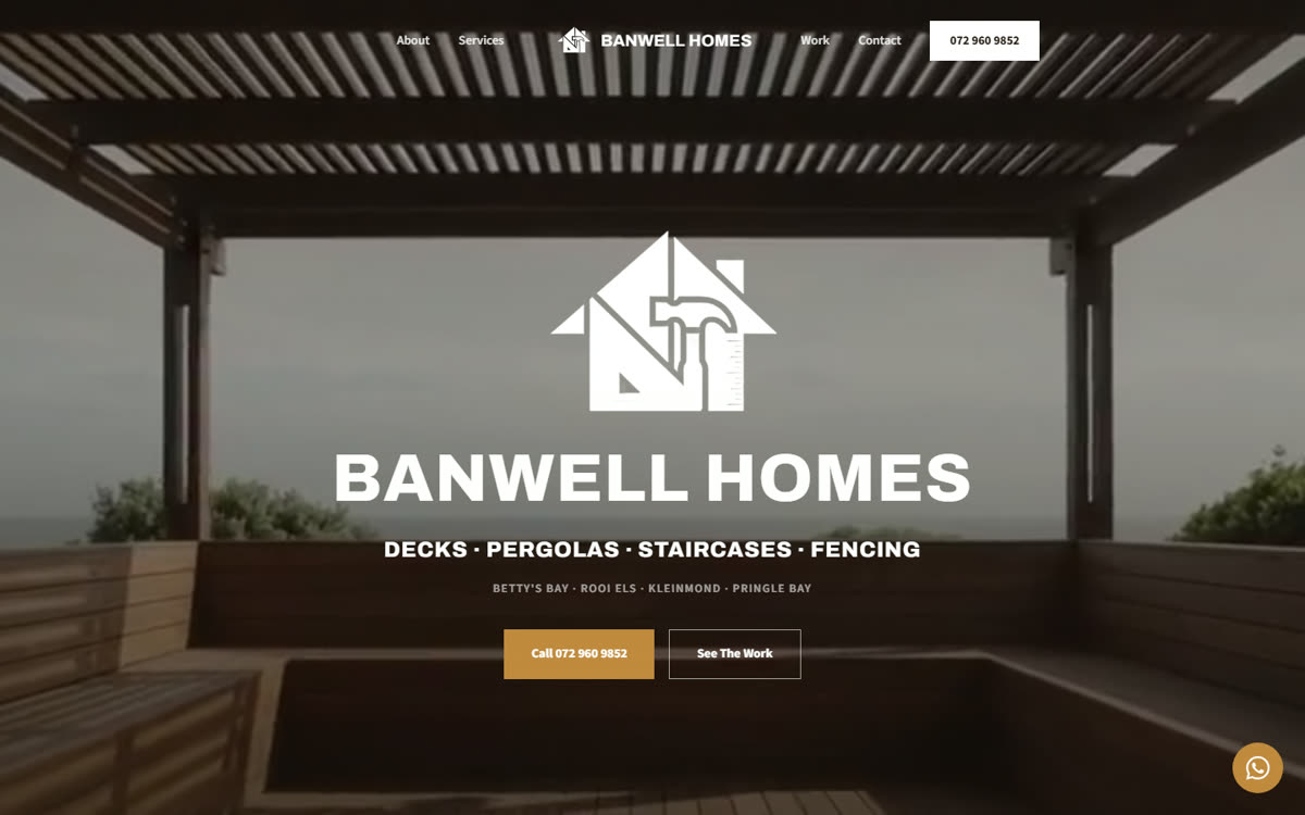 The Banwell Homes home page on a desktop screen, with the logo, the four specialties and a call button