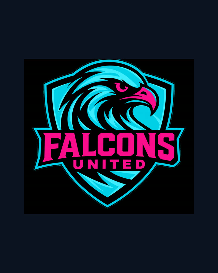 The Falcons United crest, a blue and pink falcon in a shield, on a dark background