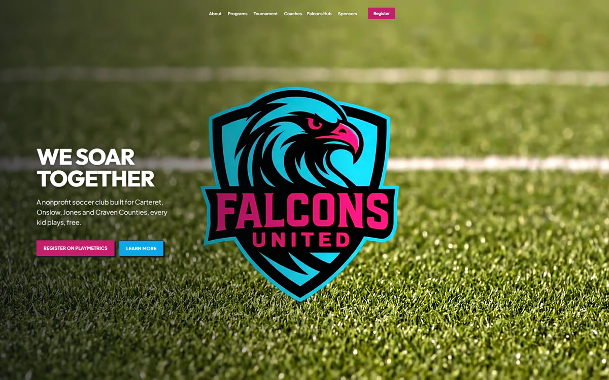 The Falcons United home page on a laptop screen, with the headline We Soar Together, a line about the club, and a Register on PlayMetrics button