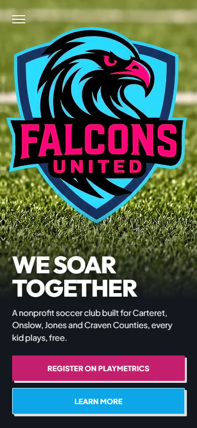 The Falcons United home page on a phone, with the crest, the headline and a Register on PlayMetrics button