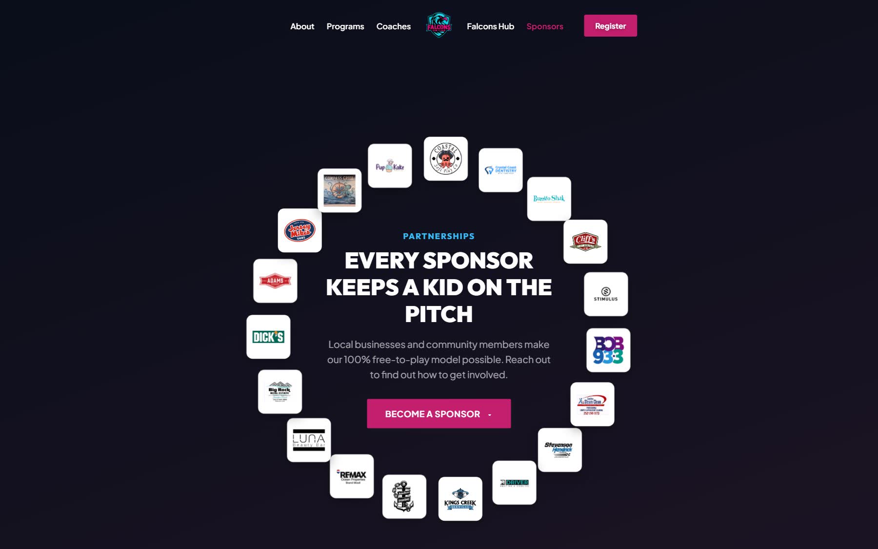 The Falcons United sponsors page, a ring of local business logos around the headline Every sponsor keeps a kid on the pitch